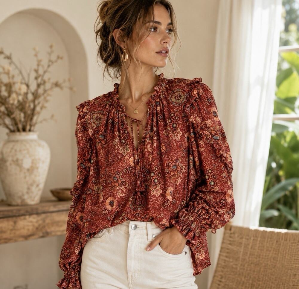 Ulla Johnson Sandalwood Long-Sleeve Manet Blouse Floral Print Rust Color Size 4